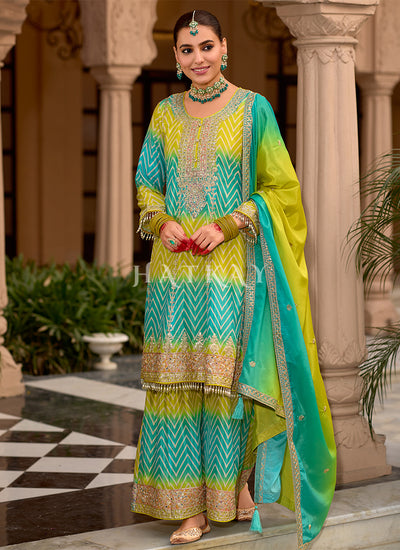 Turquoise And Yellow Embroidered Gharara Suit