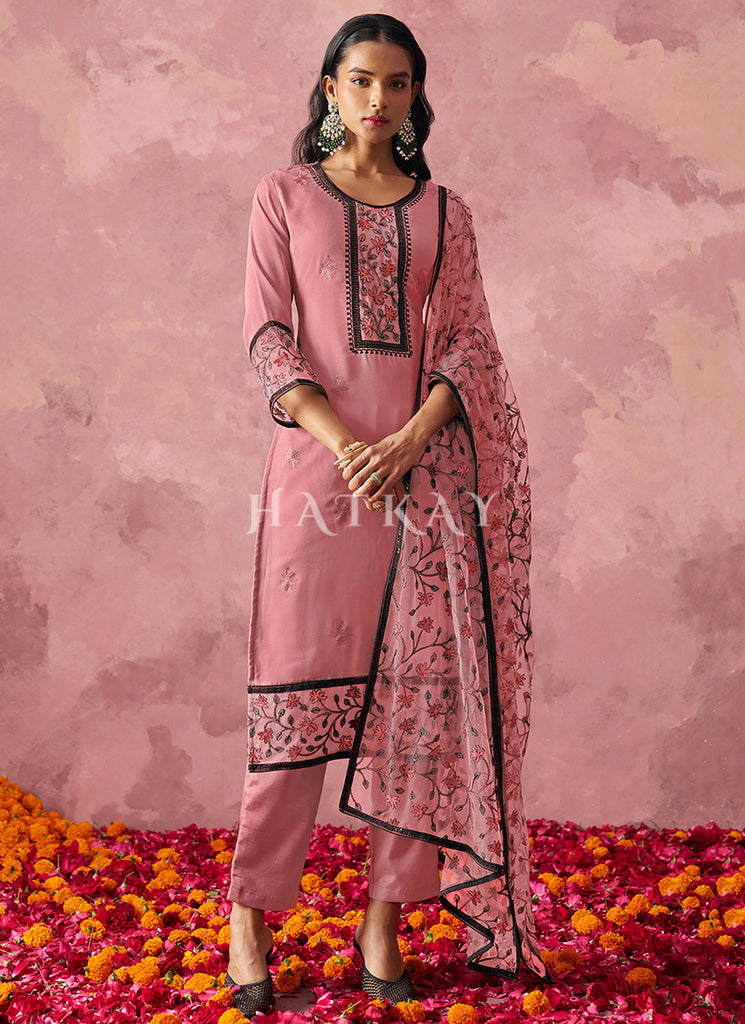 Pink Thread Embroidery Pakistani Style Pant Suit