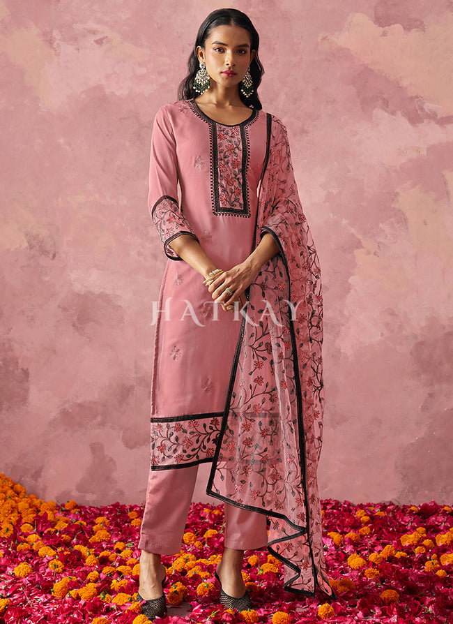 Pink Thread Embroidery Pakistani Style Pant Suit