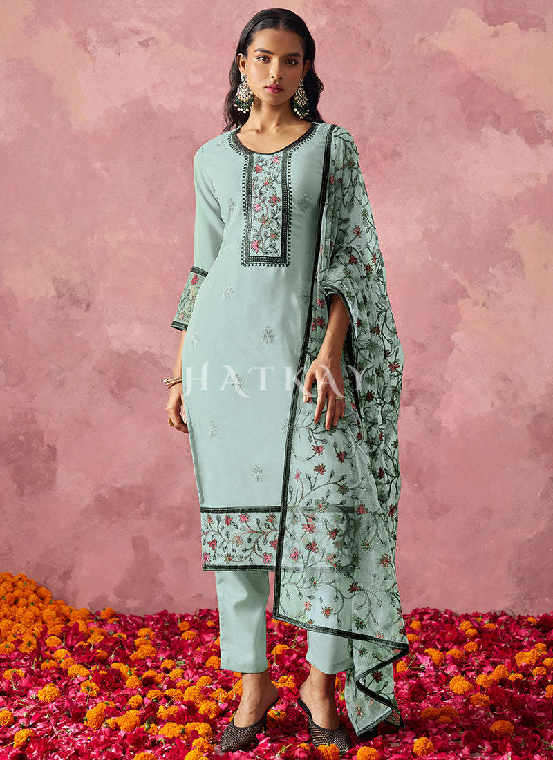 Sky Blue Thread Embroidery Pakistani Style Pant Suit