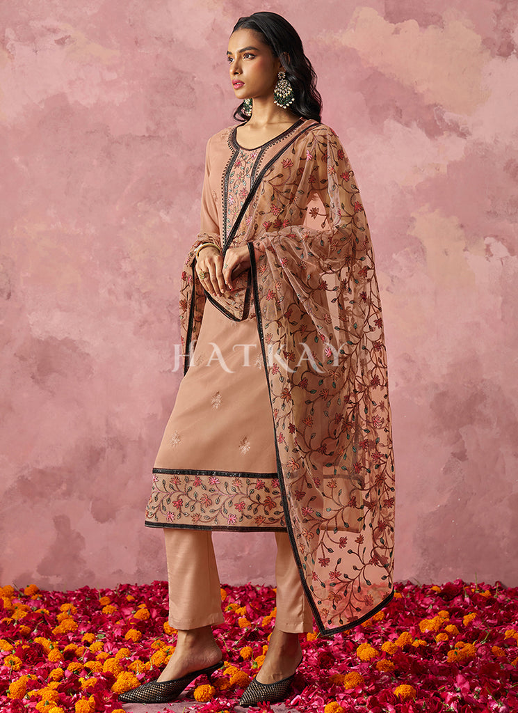 Peach Thread Embroidery Pakistani Style Pant Suit xl Peach Thread Embroidery Pakistani Style Pant Suit xl