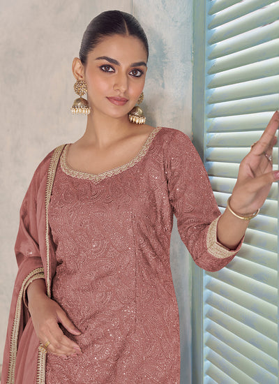 Dusty Rose Handwork Embroidered Palazzo Suit