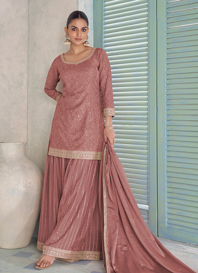 Dusty Rose Handwork Embroidered Palazzo Suit