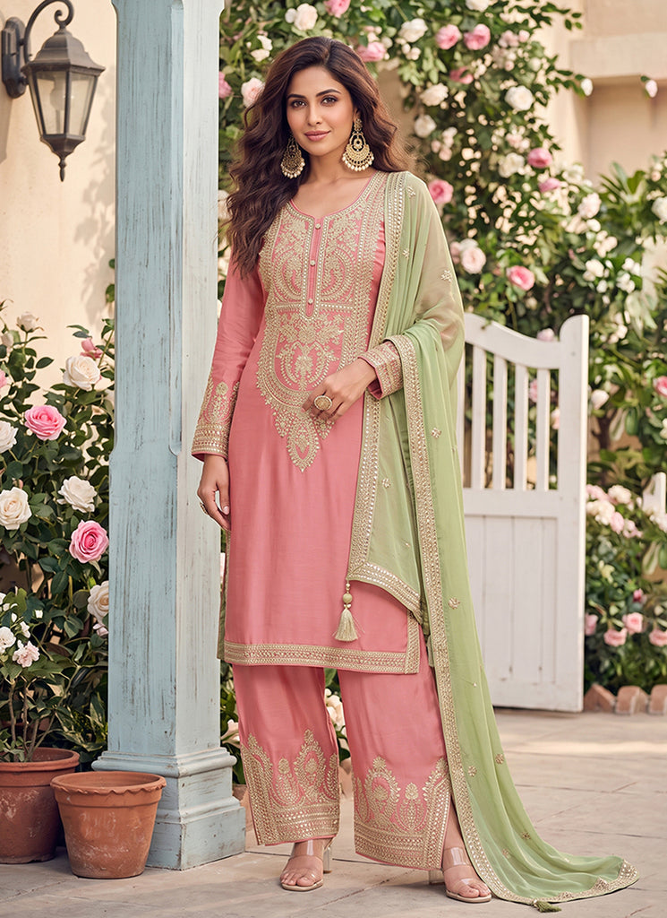 Pink and Green Embroidery Farshi Shalwar Suit
