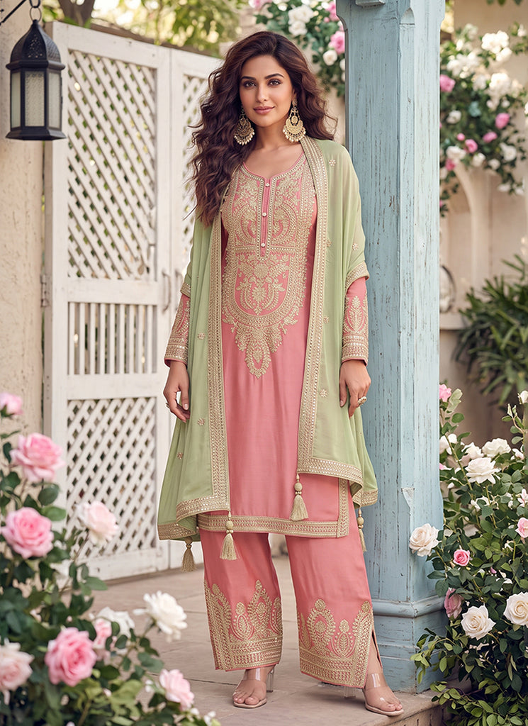 Pink and Green Embroidery Farshi Shalwar Suit