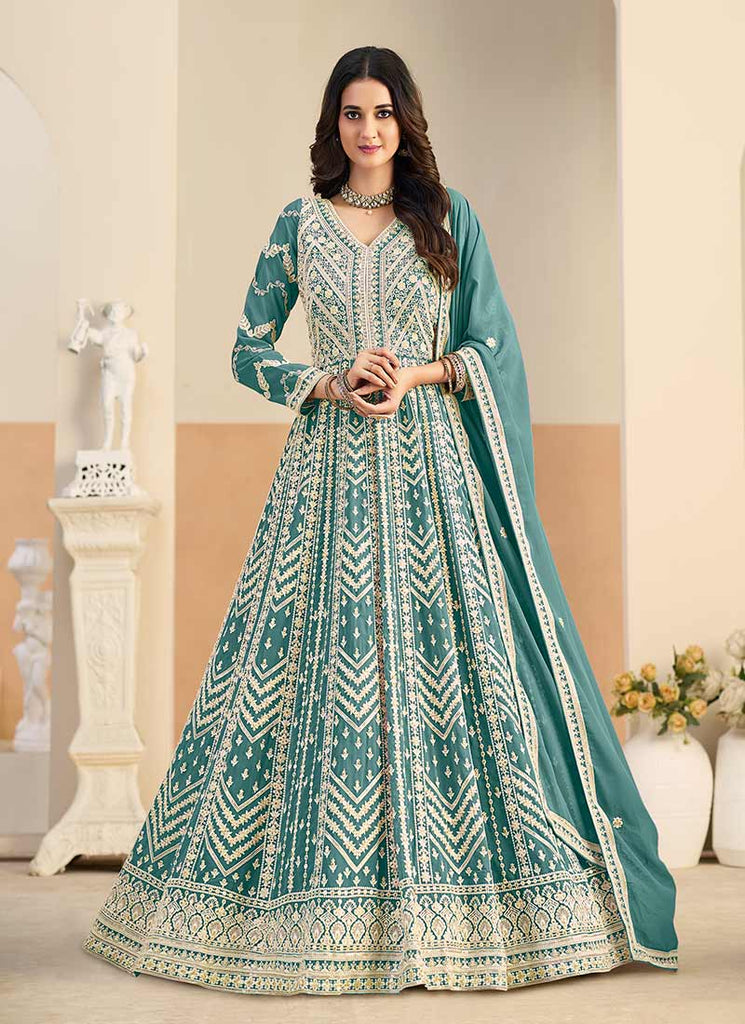 Firozi Blue Thread Embroidered Anarkali Gown