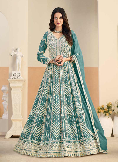 Firozi Blue Thread Embroidered Anarkali Gown