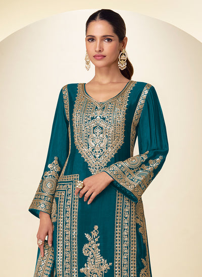 Firozi Blue Embroidered Silk Pant Style Suit