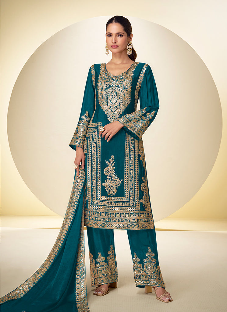 Firozi Blue Embroidered Silk Pant Style Suit