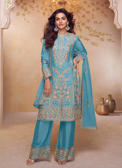 Firozi Blue Multi Embroidered Pant Style Suit