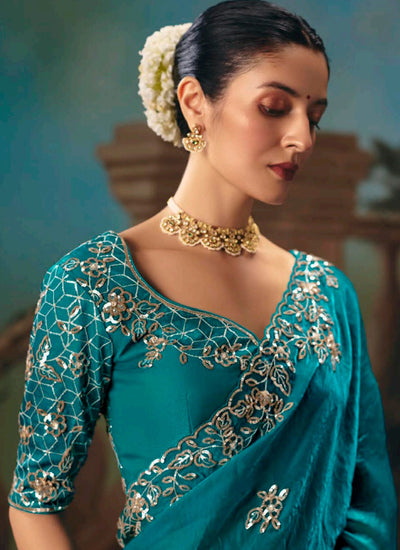 Firozi Blue Embroidered Party Wear Silk Saree