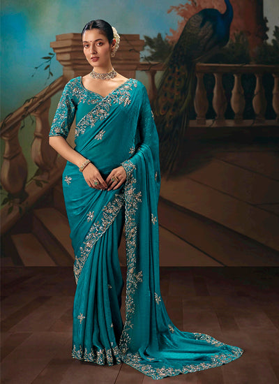 Firozi Blue Embroidered Party Wear Silk Saree