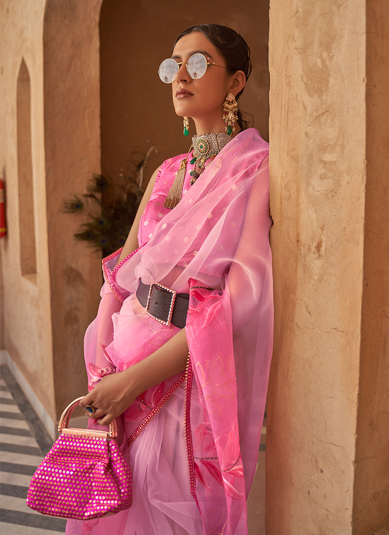 Fuchsia Pink Printed Festive Saree