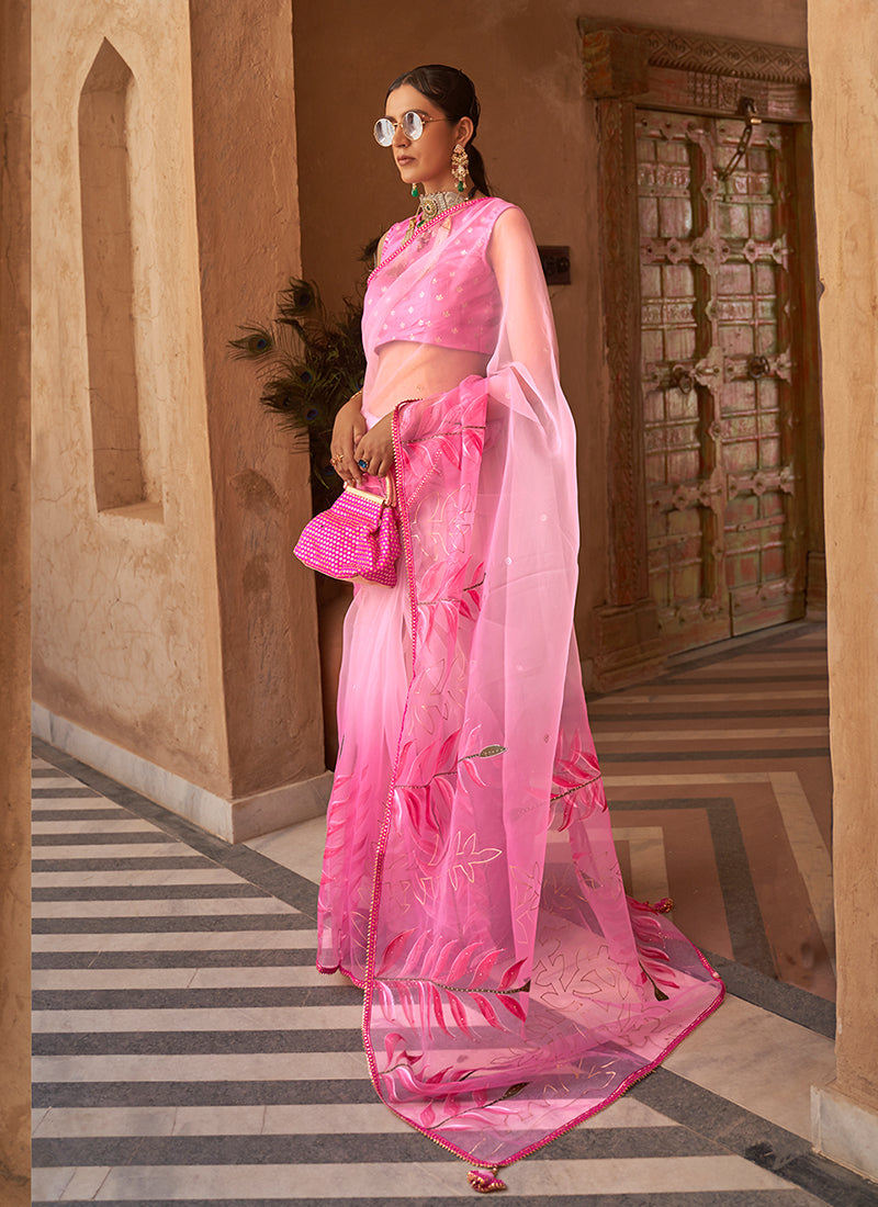Fuchsia Pink Printed Festive Saree