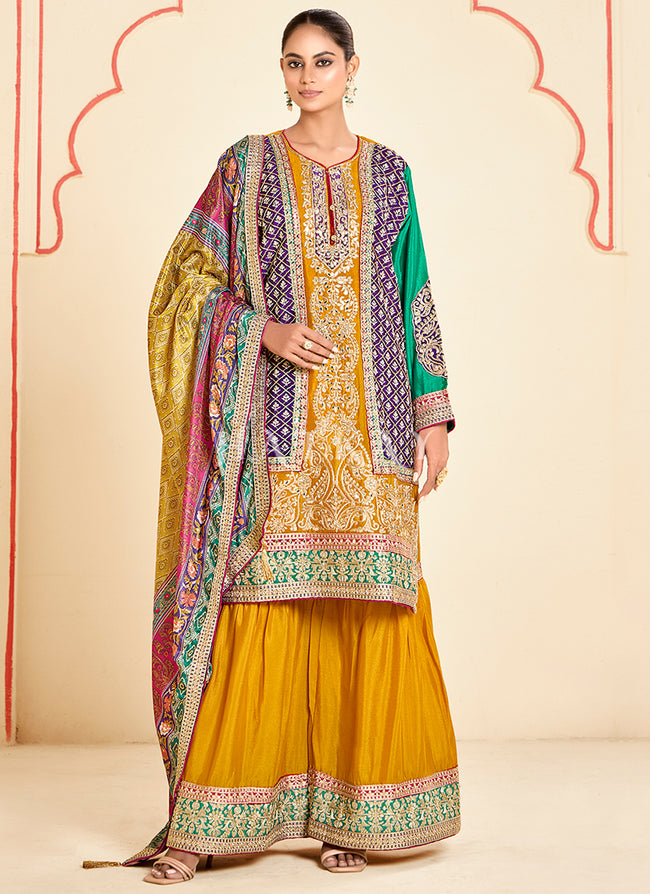 Yellow Embroidery Gharara Style Suit