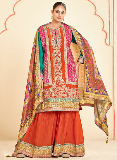 Orange Embroidery Gharara Style Suit