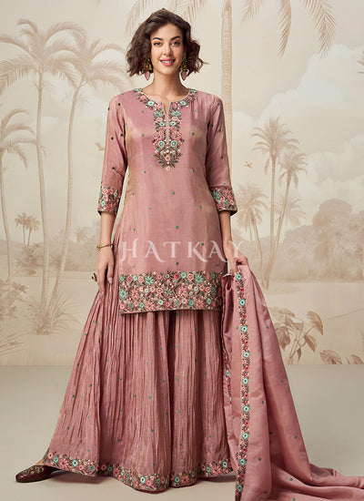 Blush Pink Floral Embroidery Sharara Style Suit