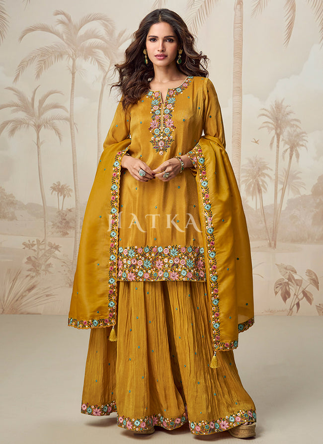 Golden Yellow Floral Embroidery Sharara Style Suit