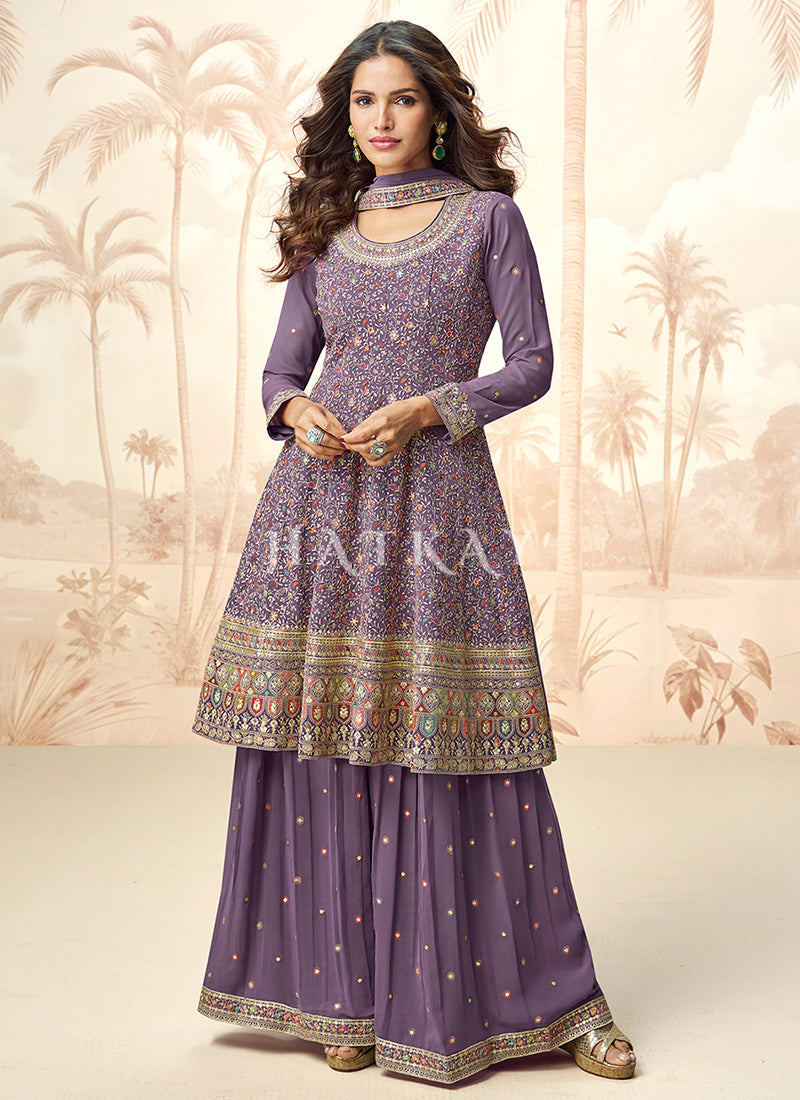Purple Multi Embroidery Traditional Gharara Suit