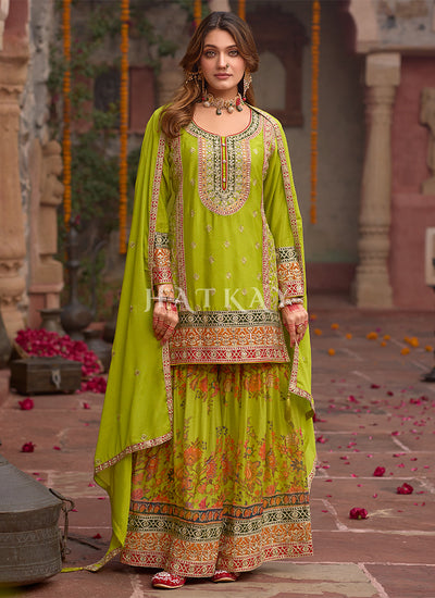 Lime Green Embroidered Gharara Suit
