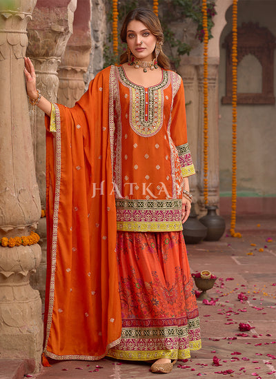 Orange Embroidered Gharara Suit