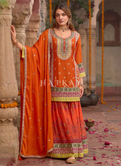 Orange Embroidered Gharara Suit