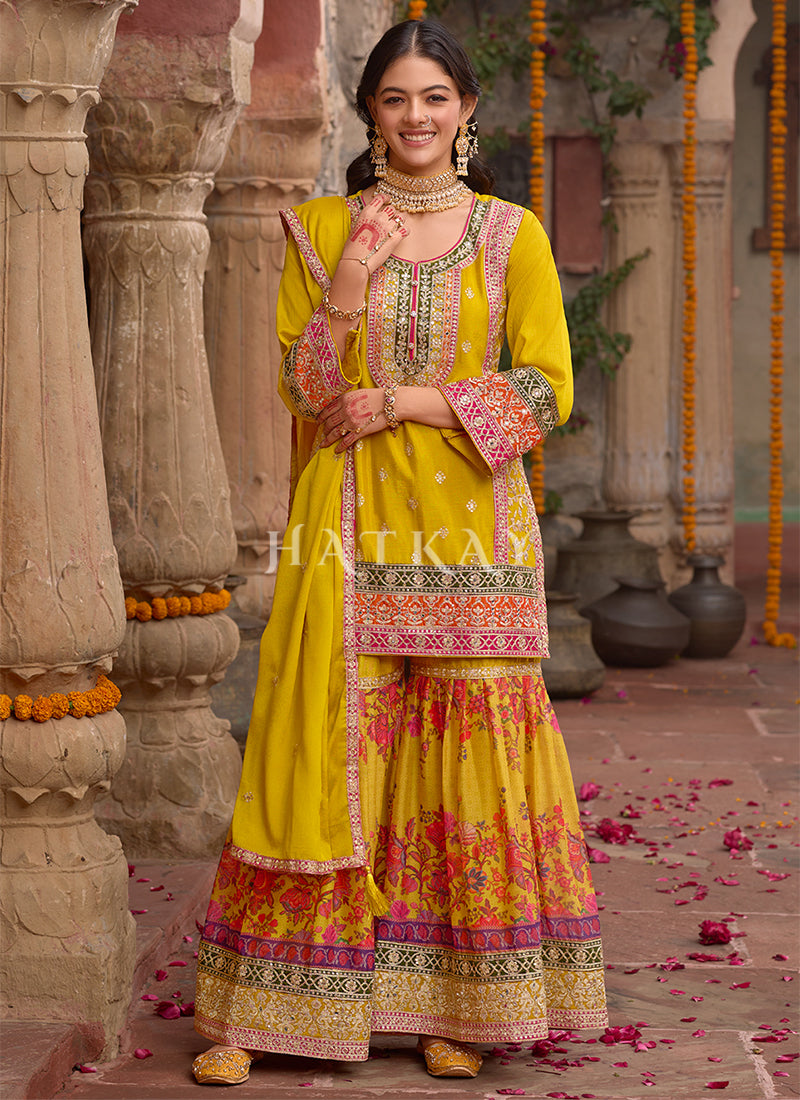Yellow Embroidered Gharara Suit