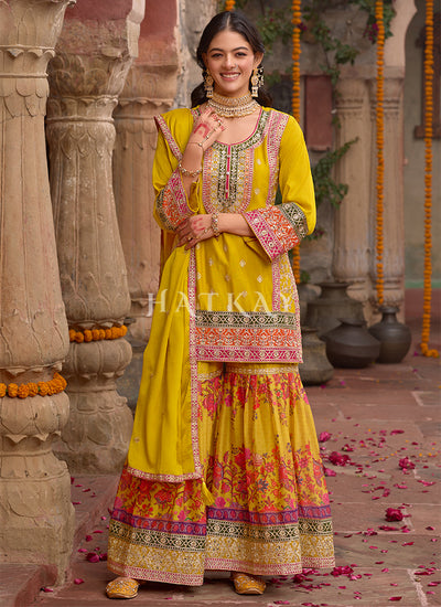 Yellow Embroidered Gharara Suit