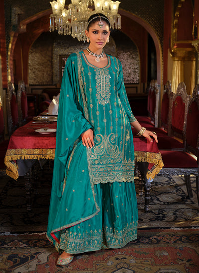 Turquoise Traditional Embroidery Gharara Style Suit