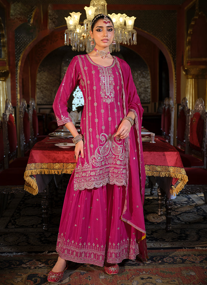 Rani Pink Traditional Embroidery Gharara Style Suit