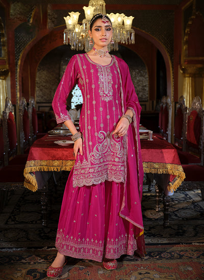 Rani Pink Traditional Embroidery Gharara Style Suit