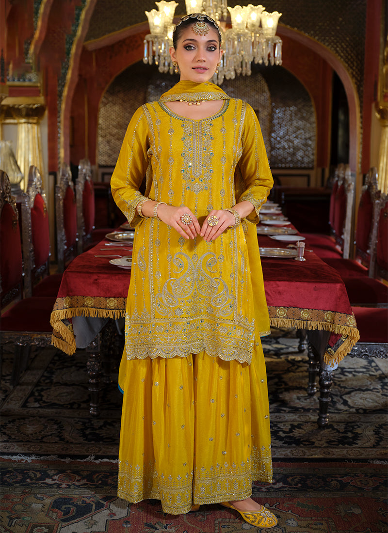Yellow Traditional Embroidery Gharara Style Suit