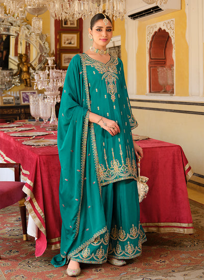 Turquoise Reshamkari Embroidered Palazzo Suit