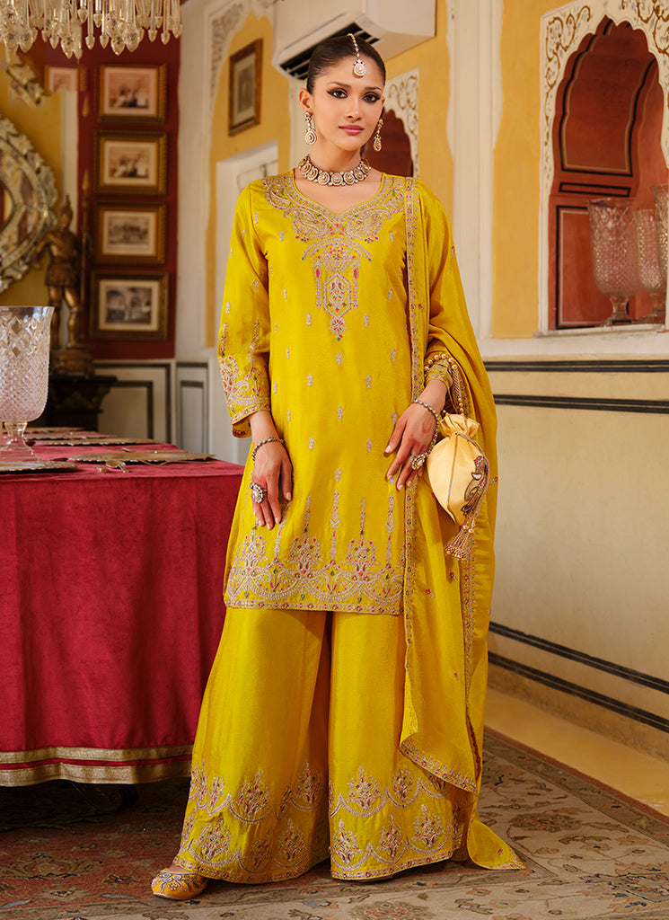Yellow Reshamkari Embroidered Palazzo Suit