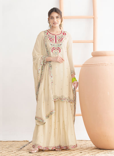 Off White Applique Style Embroidery Gharara Suit