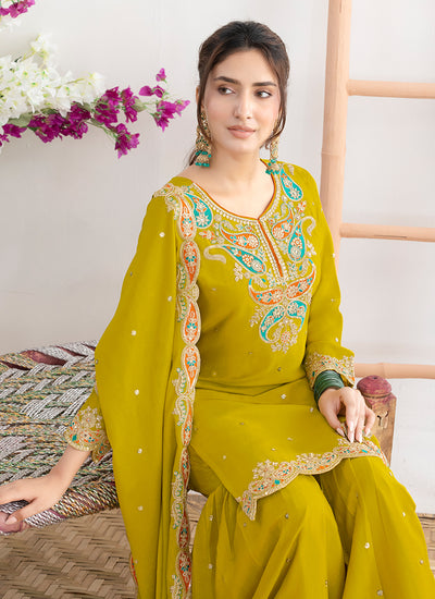 Yellow Applique Style Embroidery Gharara Suit