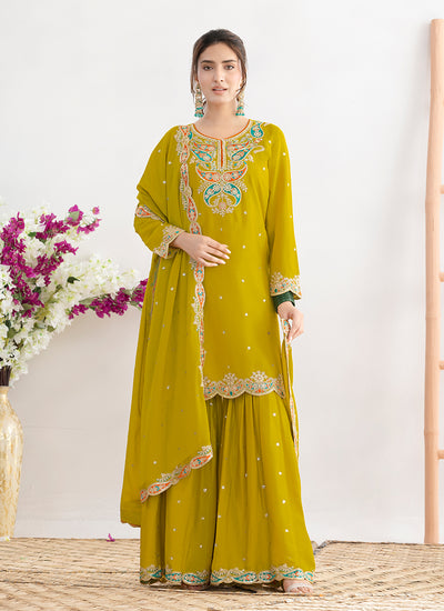 Yellow Applique Style Embroidery Gharara Suit