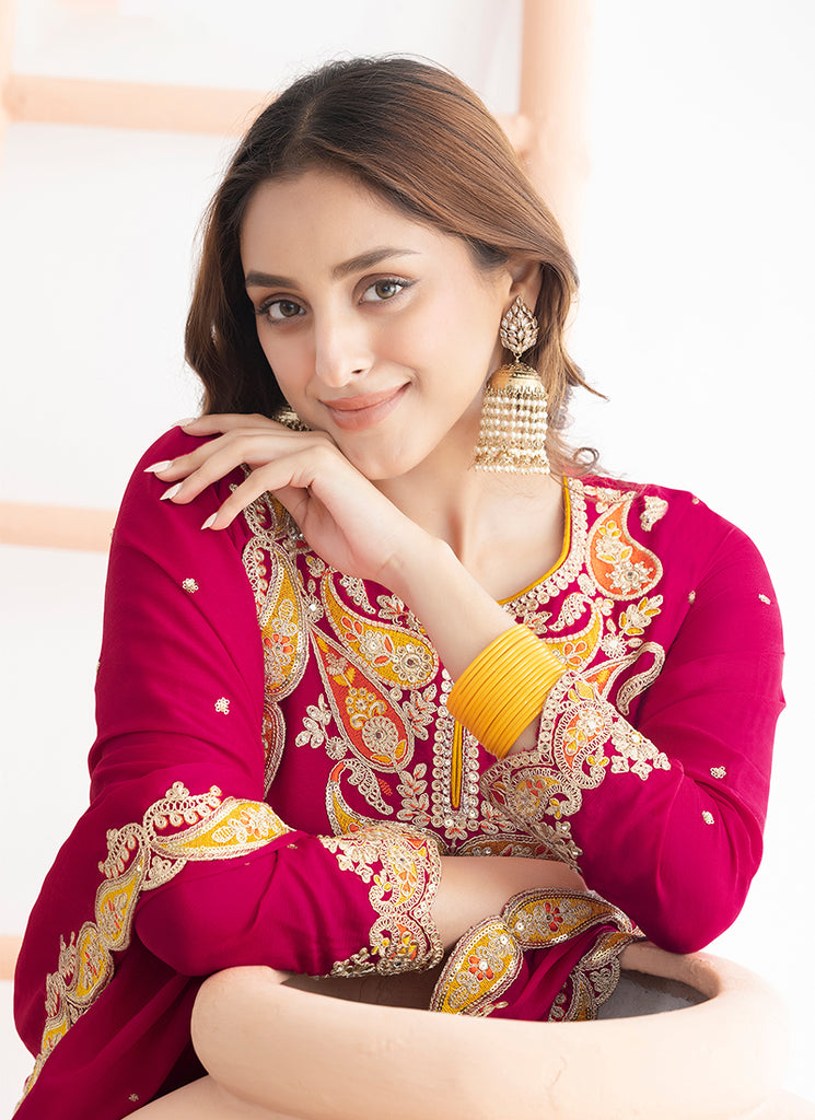 Rani Pink Applique Style Embroidery Gharara Suit