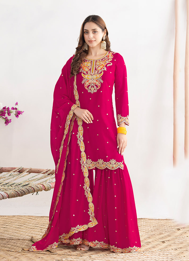 Rani Pink Applique Style Embroidery Gharara Suit
