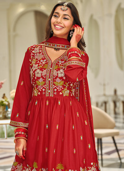 Red Floral Embroidery Festive Gharara Suit