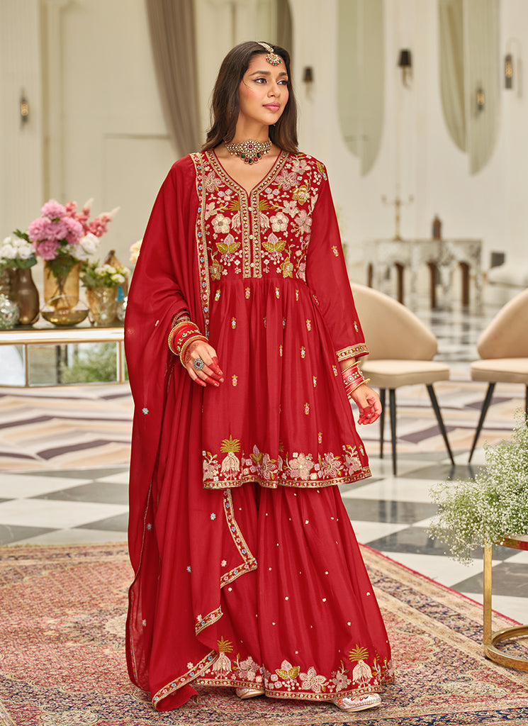 Red Floral Embroidery Festive Gharara Suit