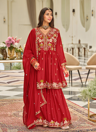 Red Floral Embroidery Festive Gharara Suit