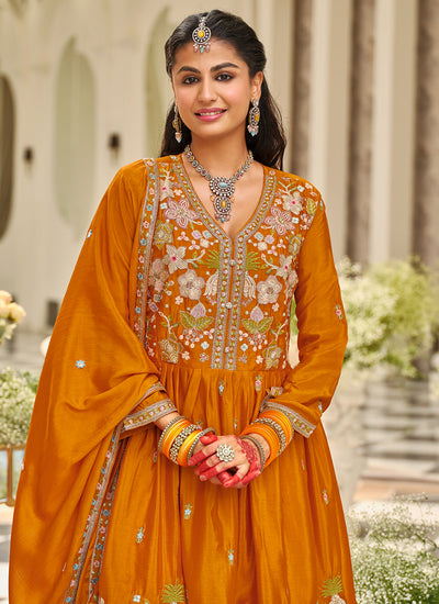 Orange Floral Embroidery Festive Gharara Suit