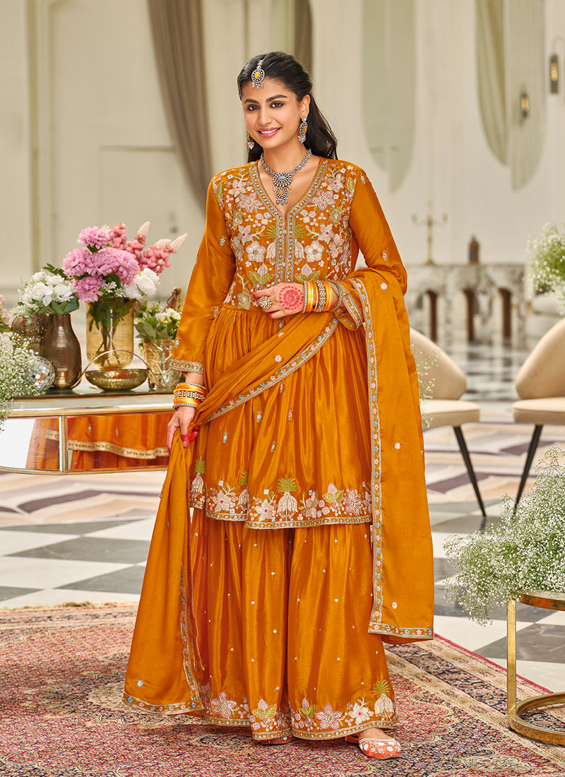 Orange Floral Embroidery Festive Gharara Suit