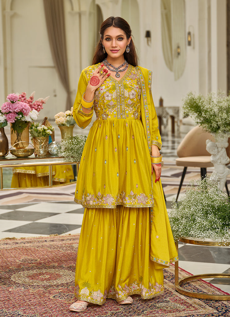 Yellow Floral Embroidery Festive Gharara Suit