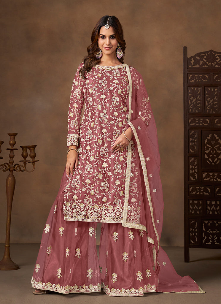 Mauve Pink Embroidered Gharara Suit