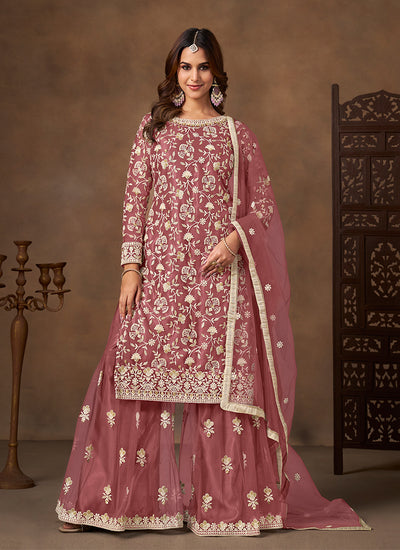 Mauve Pink Embroidered Gharara Suit