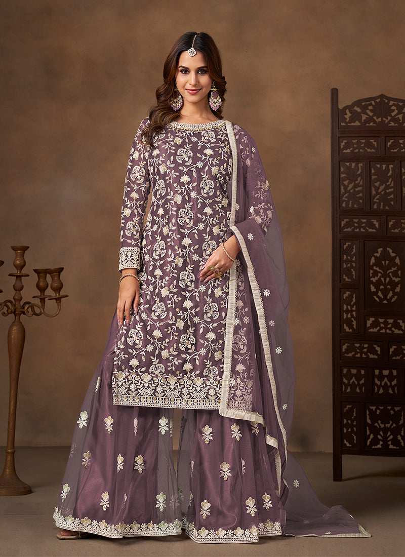 Lavender Embroidered Gharara Suit