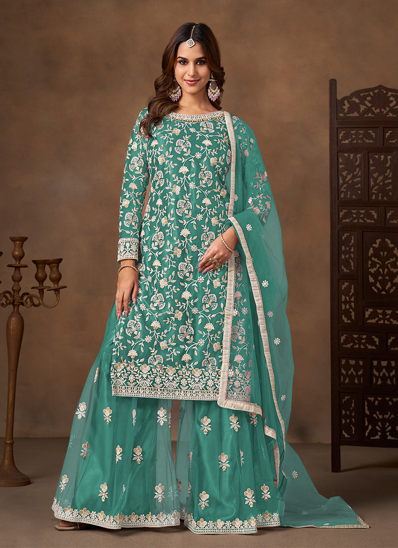 Teal Green Embroidered Gharara Suit