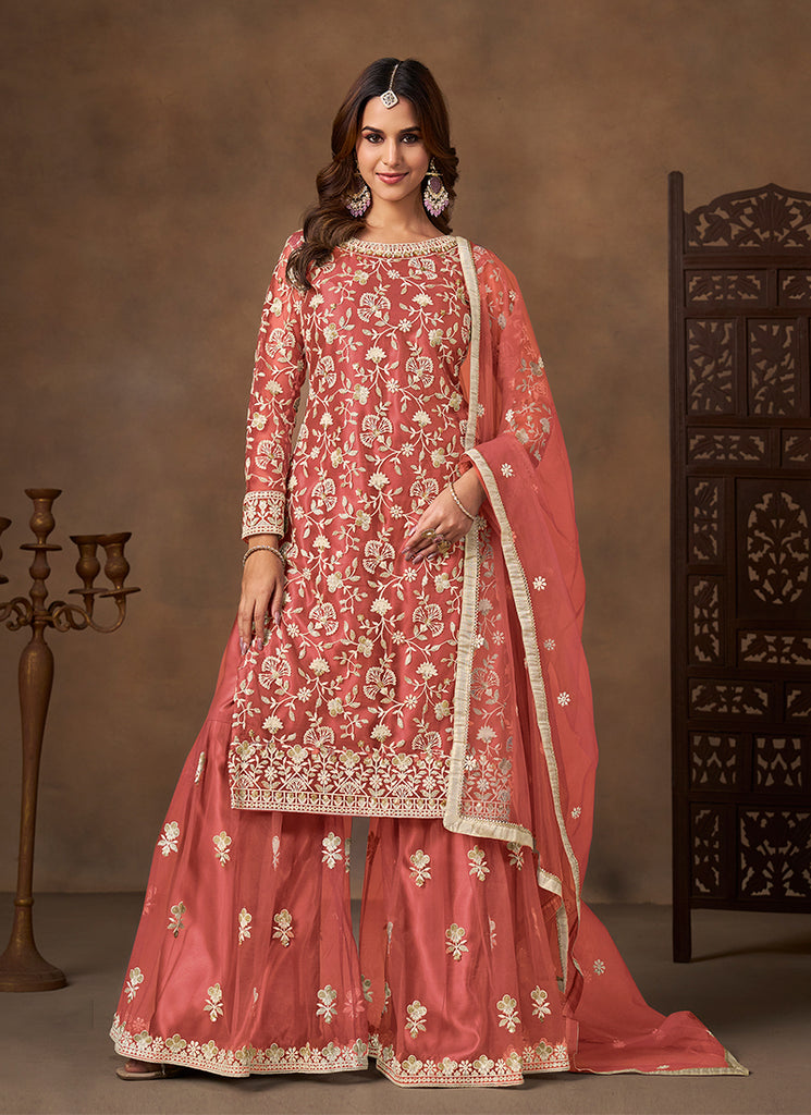 Peach Embroidered Gharara Suit